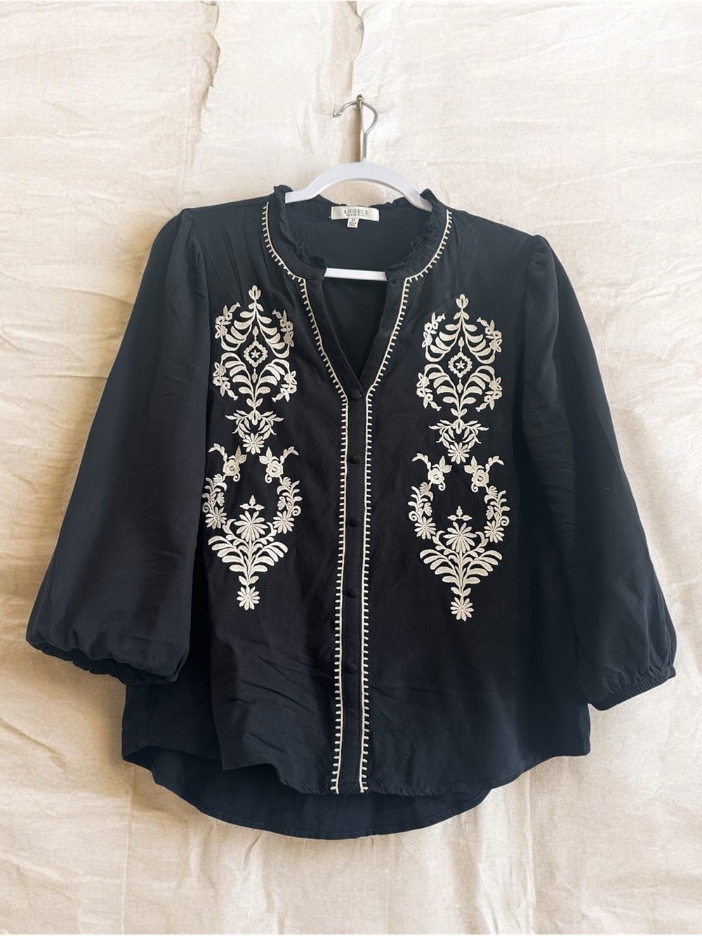 Angels Black Blouse with Cream Embroidery